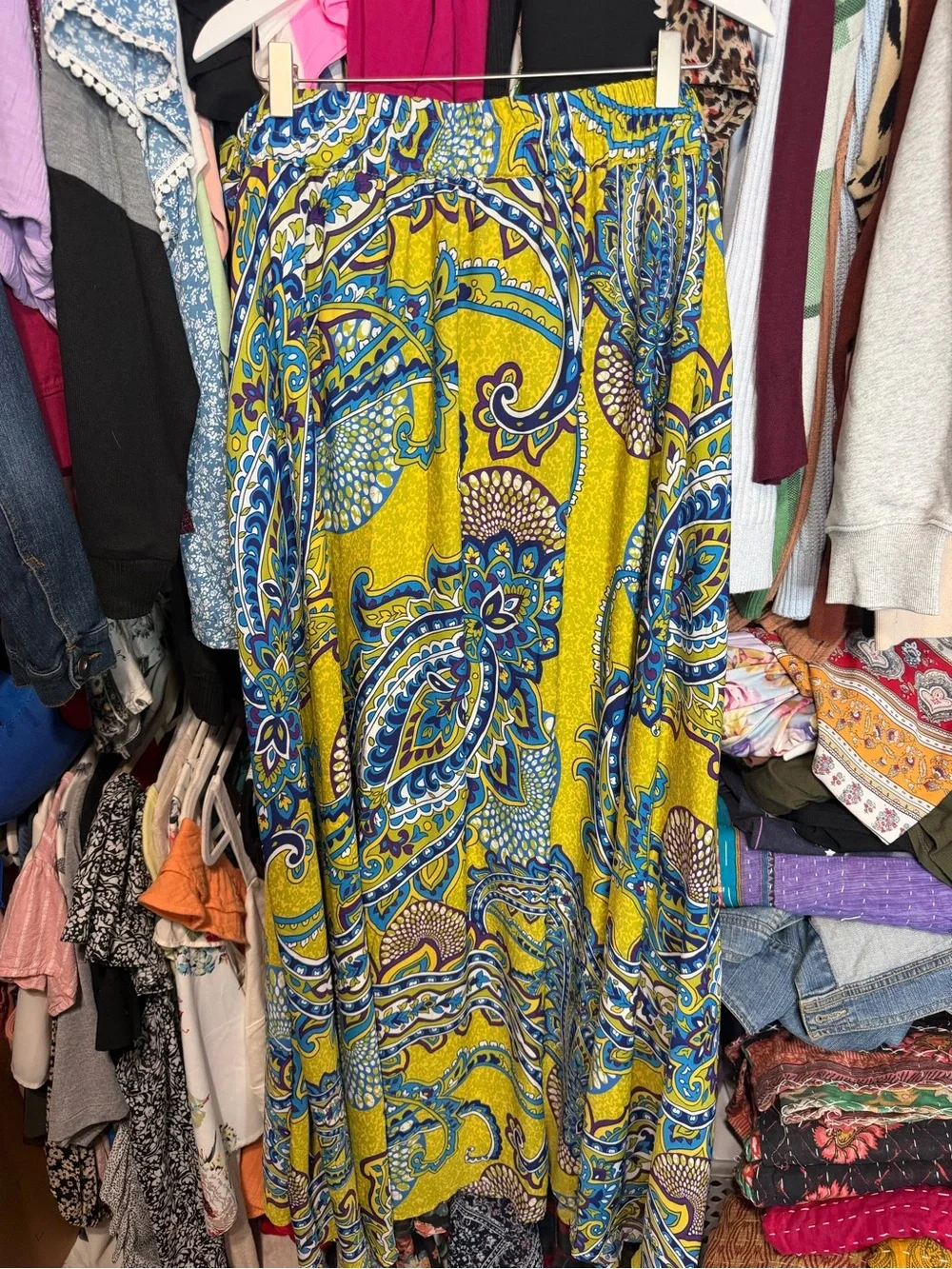 Ashley Stewart Lime & Blue Paisley Maxi Skirt